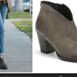 Paul Green Gray Suede V-Cut Ankle Boot with Stacked Heel